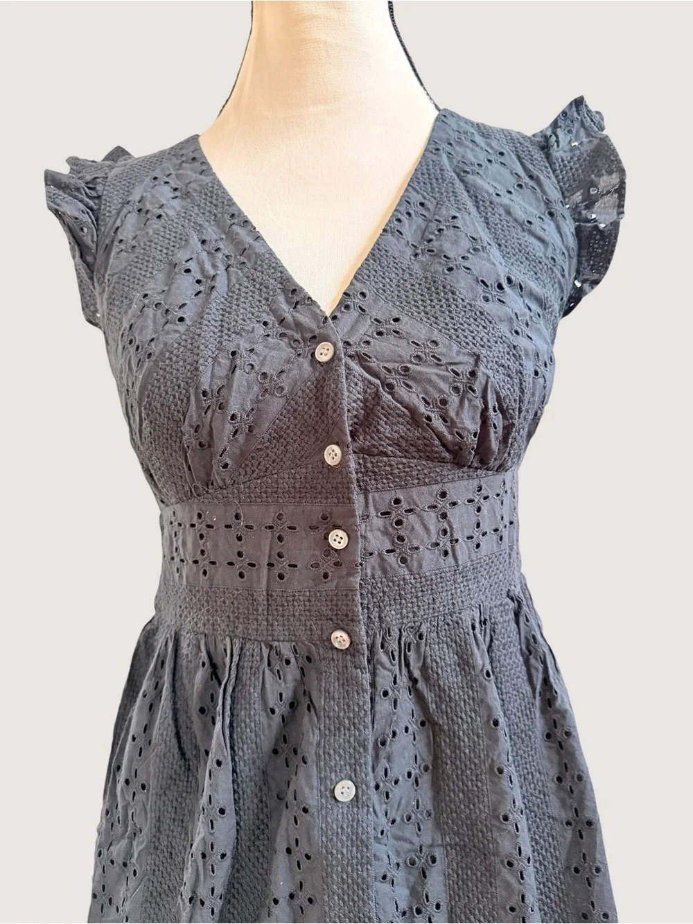 J Crew black lace eyelet button up midi dress